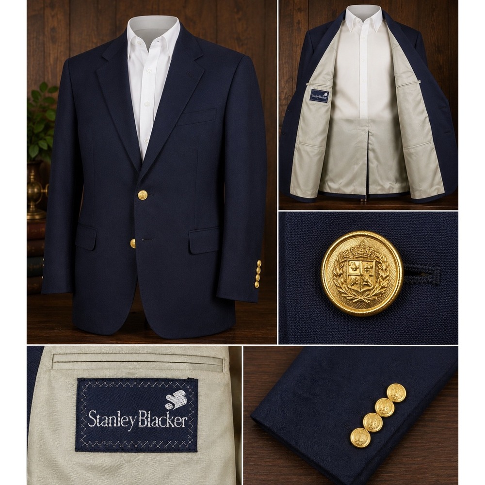 Vintage Stanley Blacker Navy Blazer Brass Button Sport Coat Mens 41 Portly Short